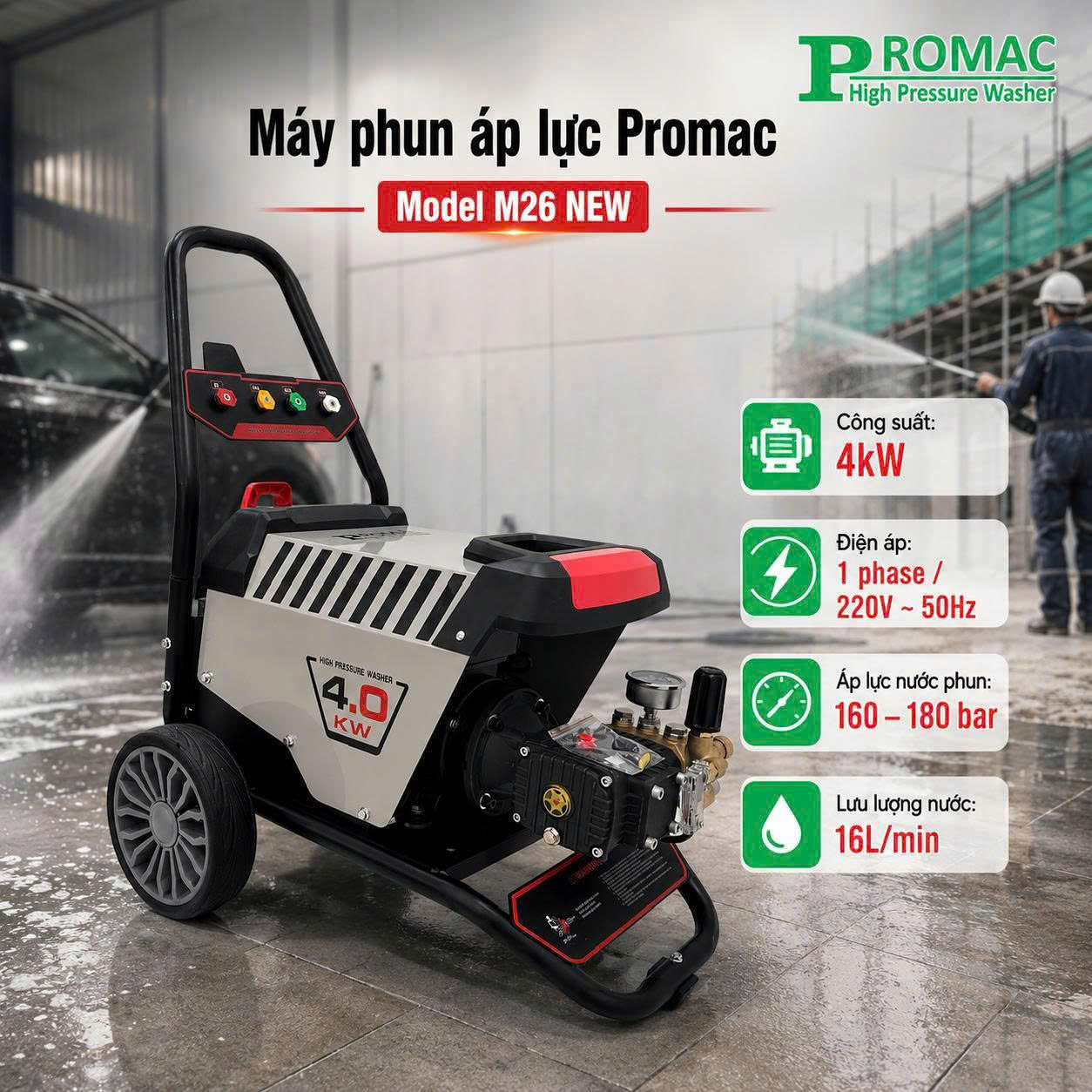 Máy phun áp lực Promac M26 NEW 4.0kW 16l - Ảnh 4