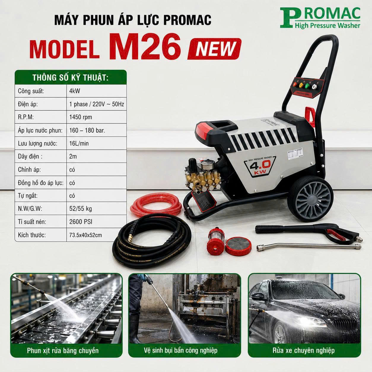 Máy phun áp lực Promac M26 NEW 4.0kW 16l - Ảnh 3